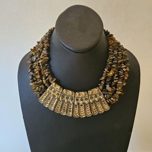 Tiger Eye Chip Stone and Gold Tone Necklace
